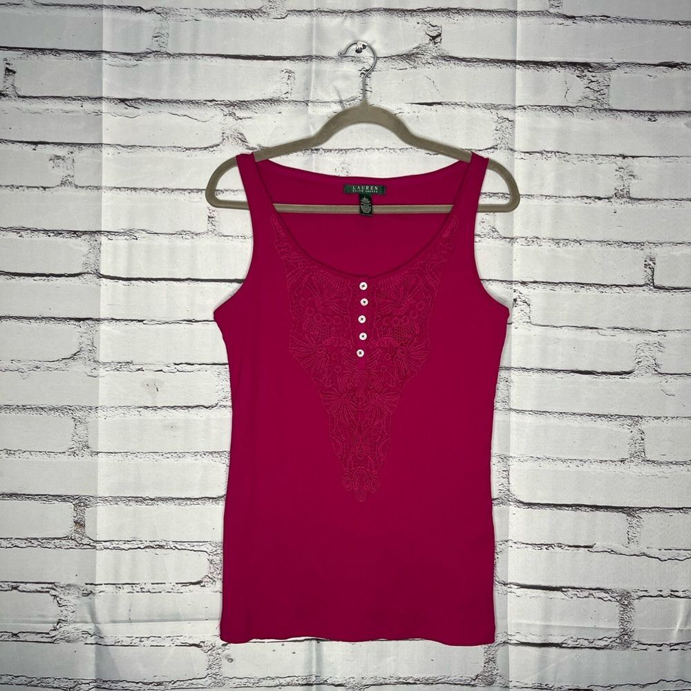 Lauren Ralph Lauren Pink Fitted Tank Top Sleeveless Blouse SZ L 1/4 Button Knit